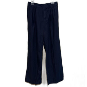 Gap High Rise Linen Cotton Pleated Wide Leg Pants Womens Size 10T Tall Navy Blue